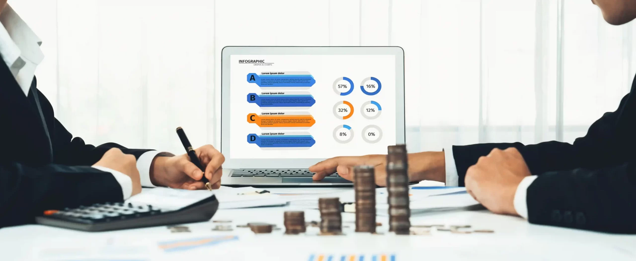 business intelligence analyst use bi software laptop with stack coin shrewd 11zon